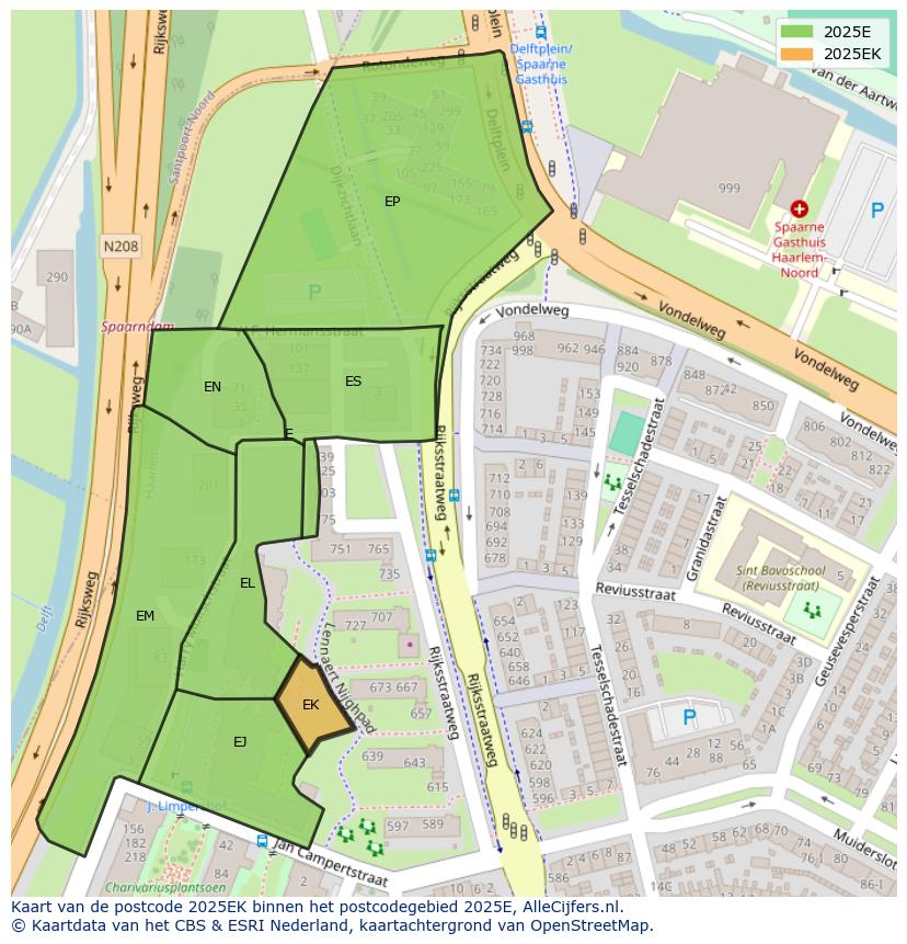 Afbeelding van het postcodegebied 2025 EK op de kaart.