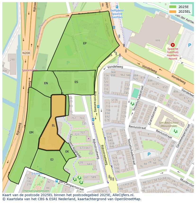 Afbeelding van het postcodegebied 2025 EL op de kaart.