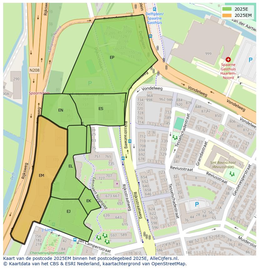Afbeelding van het postcodegebied 2025 EM op de kaart.