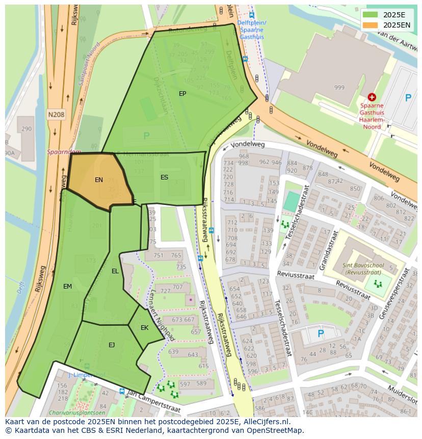 Afbeelding van het postcodegebied 2025 EN op de kaart.