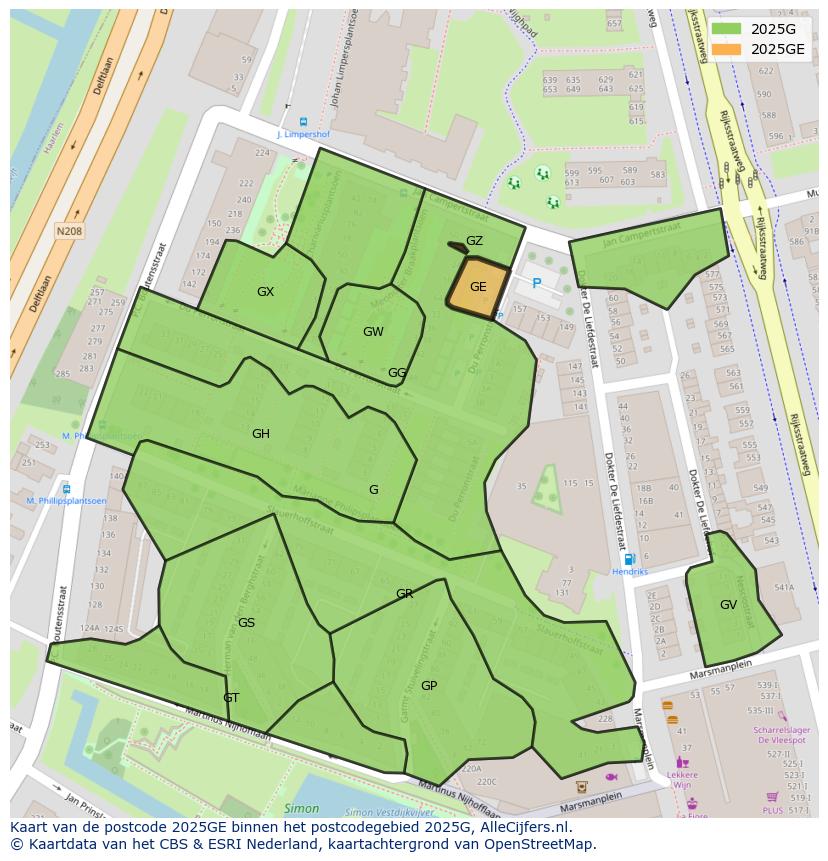 Afbeelding van het postcodegebied 2025 GE op de kaart.