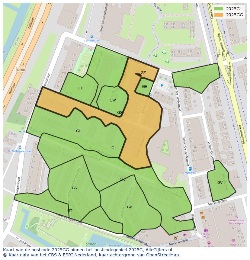 Afbeelding van het postcodegebied 2025 GG op de kaart.