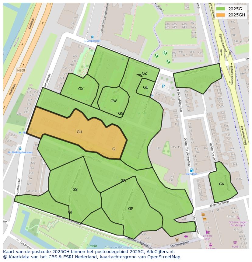 Afbeelding van het postcodegebied 2025 GH op de kaart.