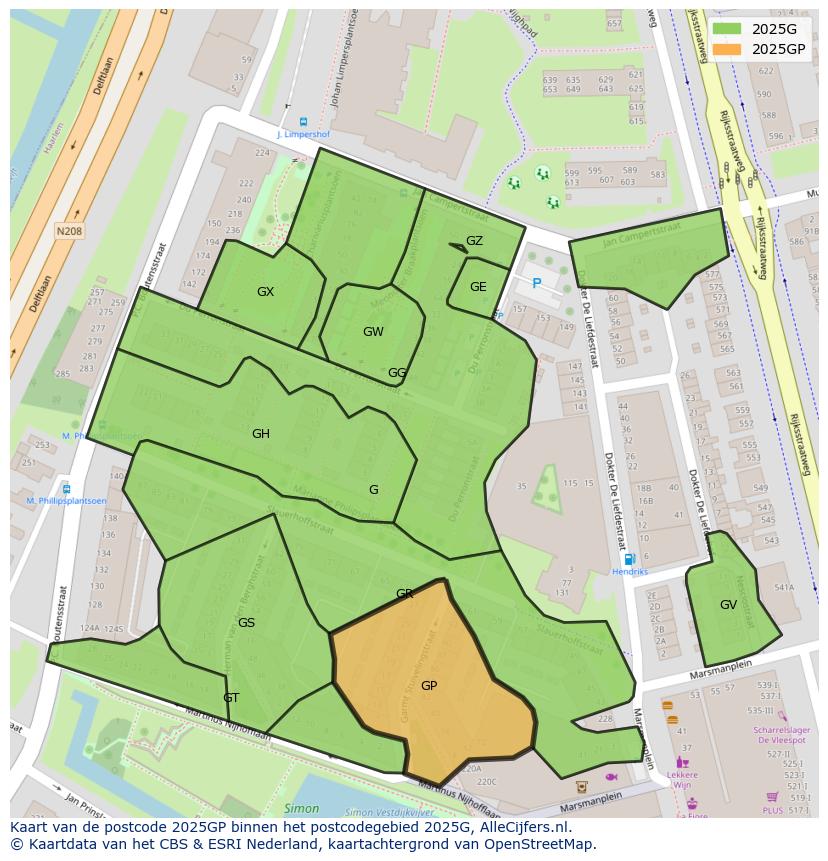 Afbeelding van het postcodegebied 2025 GP op de kaart.