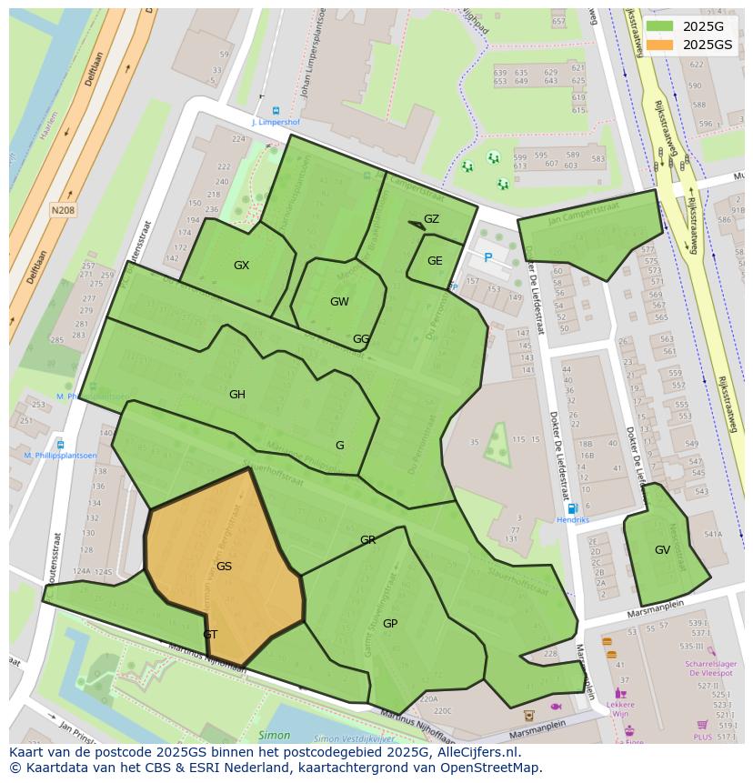 Afbeelding van het postcodegebied 2025 GS op de kaart.