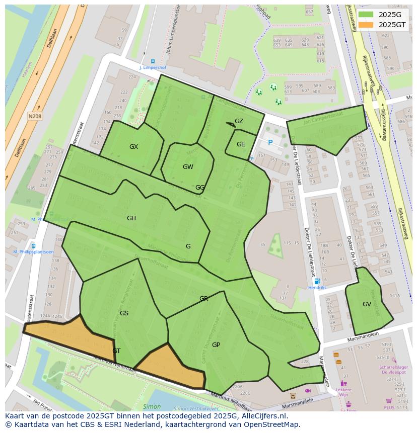 Afbeelding van het postcodegebied 2025 GT op de kaart.