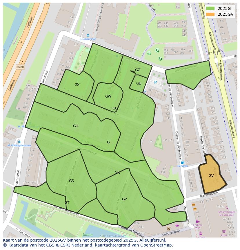 Afbeelding van het postcodegebied 2025 GV op de kaart.