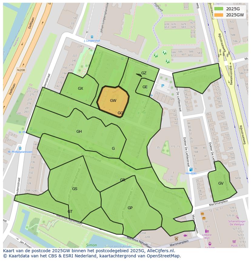 Afbeelding van het postcodegebied 2025 GW op de kaart.