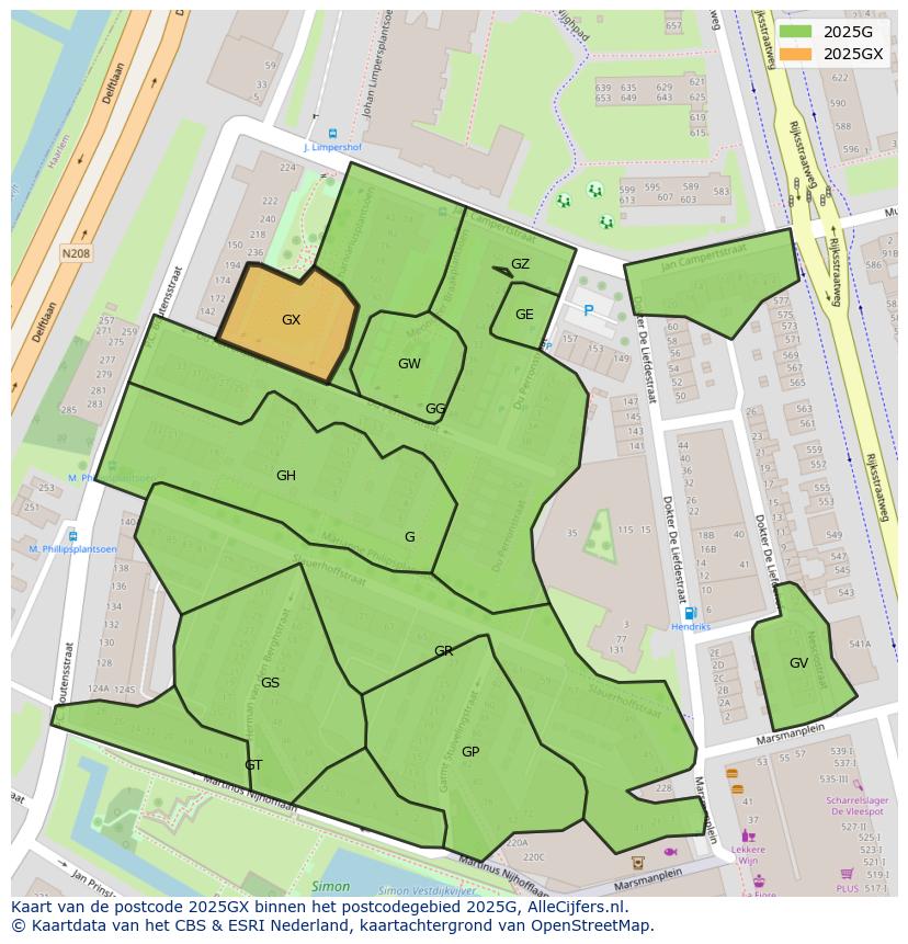 Afbeelding van het postcodegebied 2025 GX op de kaart.