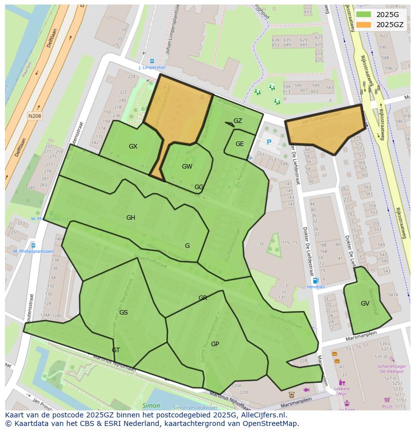 Afbeelding van het postcodegebied 2025 GZ op de kaart.