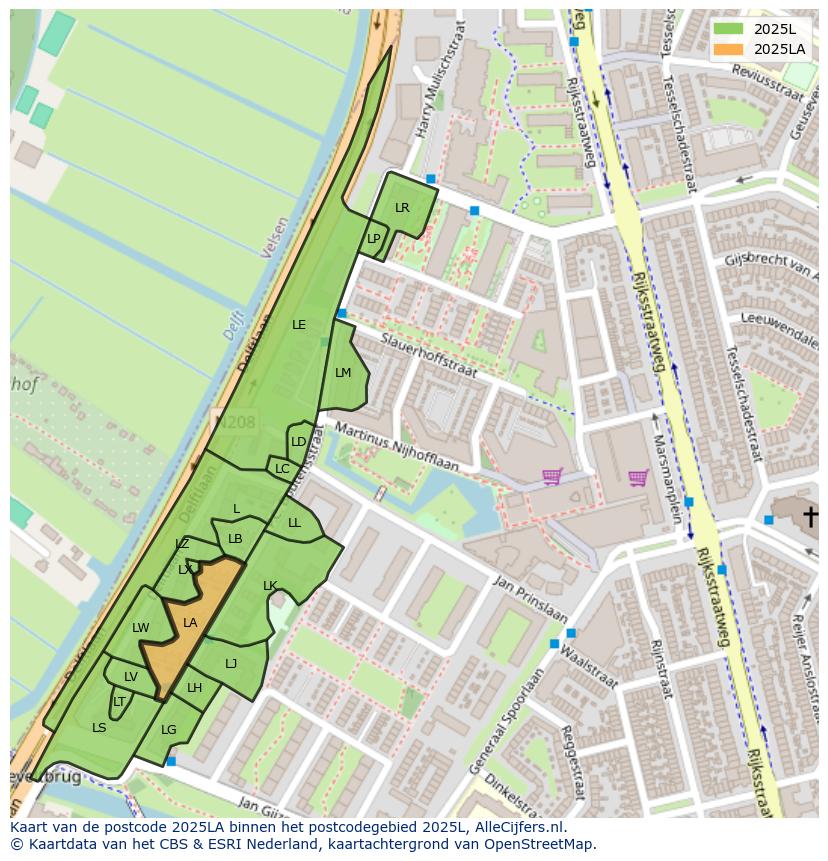 Afbeelding van het postcodegebied 2025 LA op de kaart.