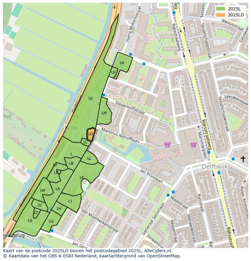 Afbeelding van het postcodegebied 2025 LD op de kaart.