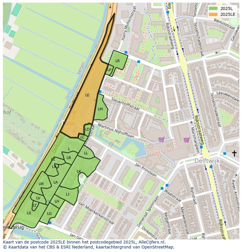 Afbeelding van het postcodegebied 2025 LE op de kaart.