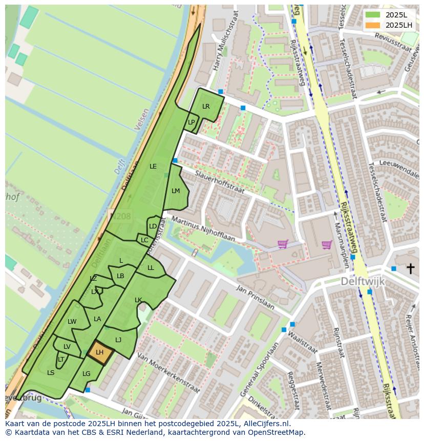 Afbeelding van het postcodegebied 2025 LH op de kaart.