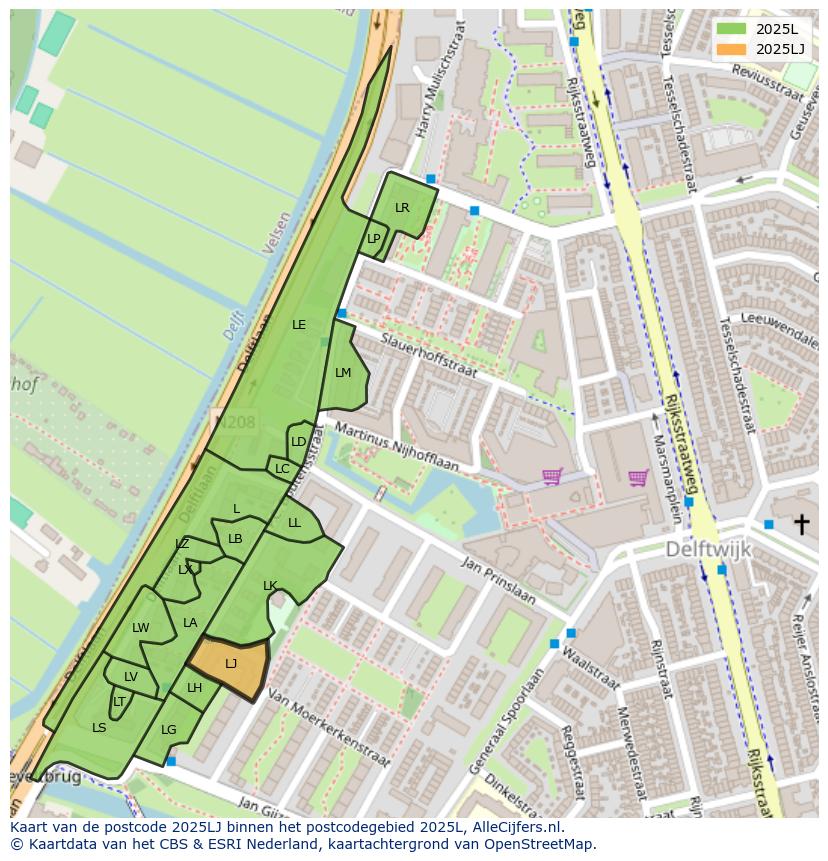 Afbeelding van het postcodegebied 2025 LJ op de kaart.