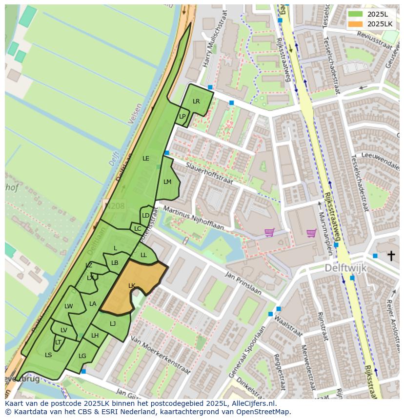 Afbeelding van het postcodegebied 2025 LK op de kaart.