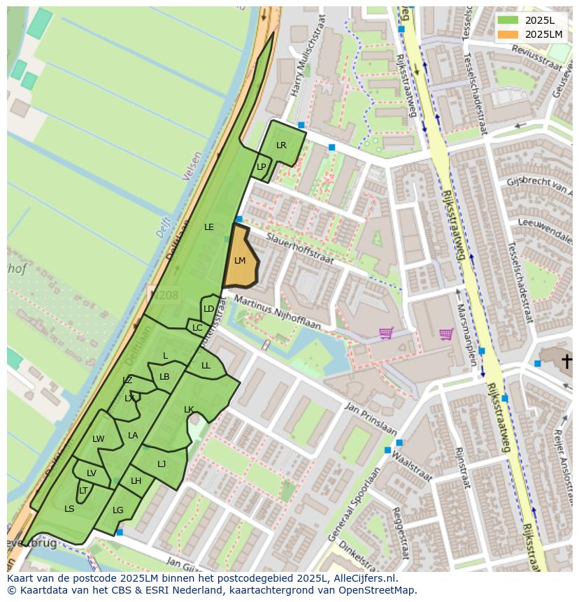 Afbeelding van het postcodegebied 2025 LM op de kaart.