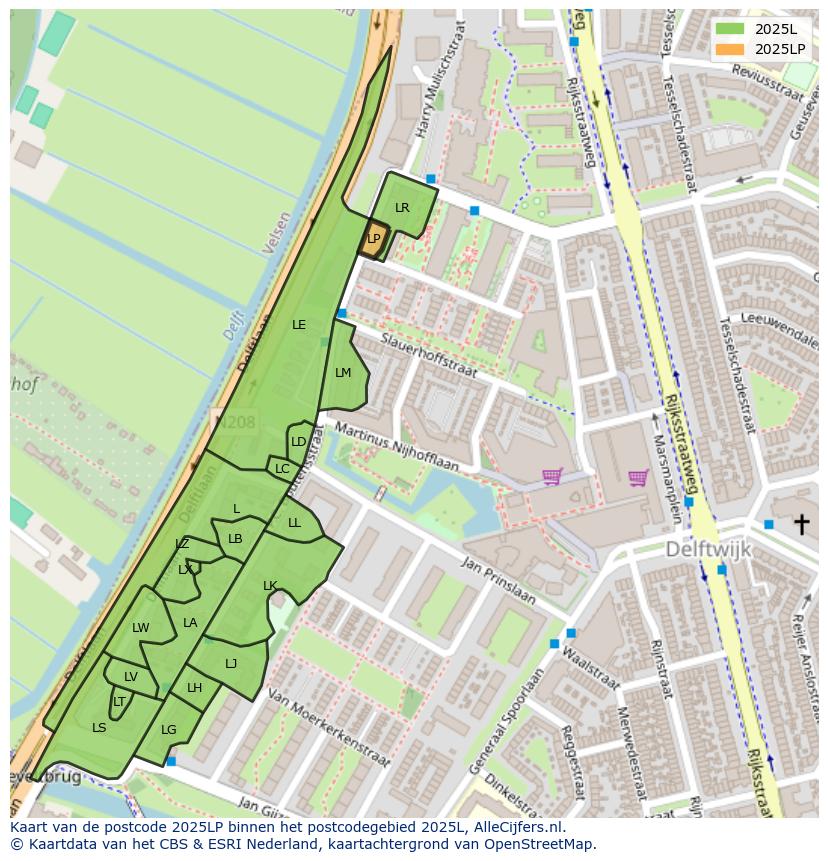 Afbeelding van het postcodegebied 2025 LP op de kaart.