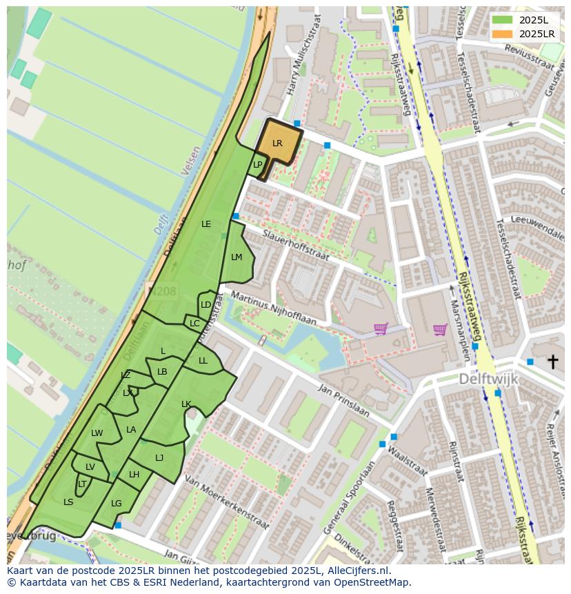Afbeelding van het postcodegebied 2025 LR op de kaart.