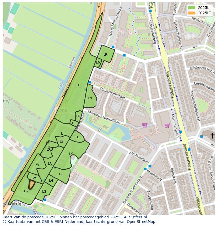 Afbeelding van het postcodegebied 2025 LT op de kaart.