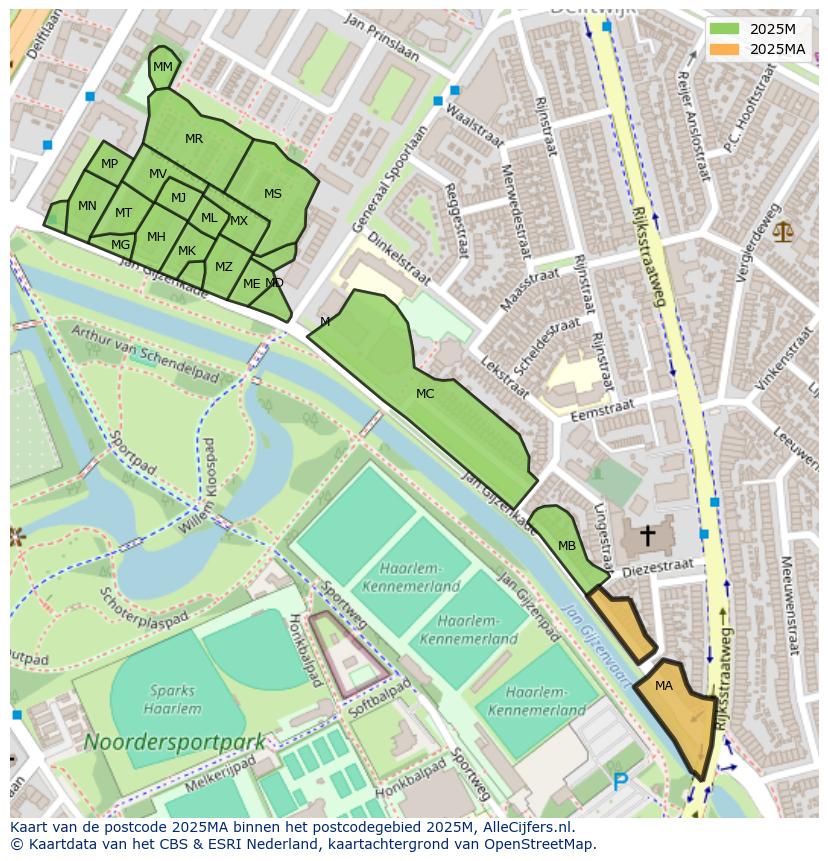 Afbeelding van het postcodegebied 2025 MA op de kaart.