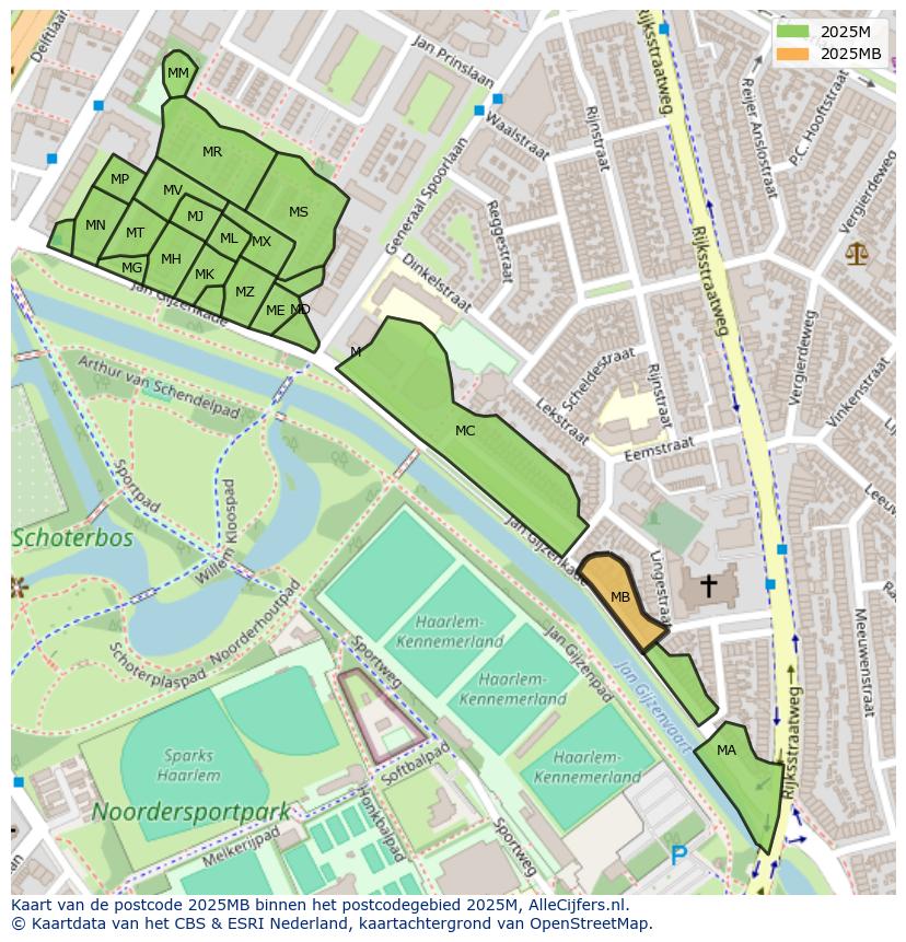 Afbeelding van het postcodegebied 2025 MB op de kaart.