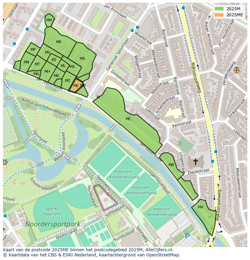Afbeelding van het postcodegebied 2025 ME op de kaart.