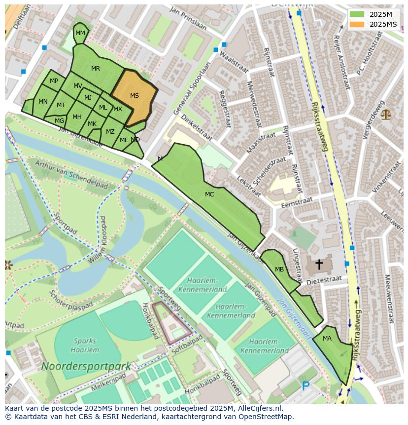 Afbeelding van het postcodegebied 2025 MS op de kaart.