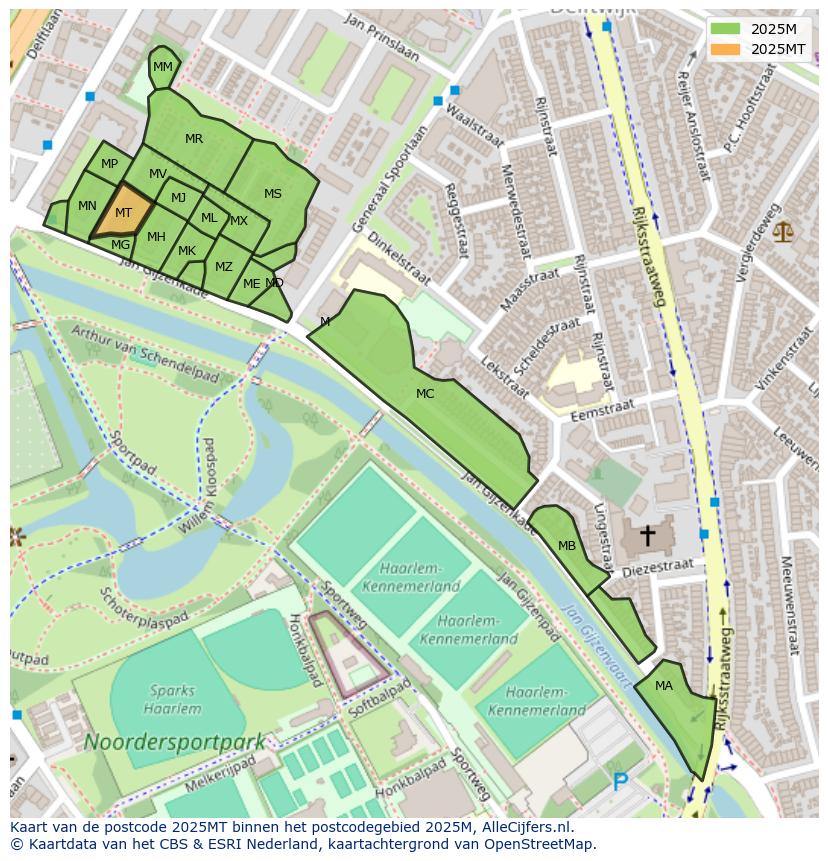 Afbeelding van het postcodegebied 2025 MT op de kaart.