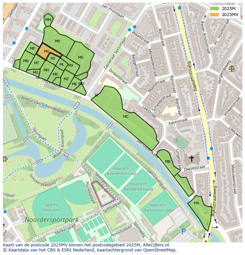 Afbeelding van het postcodegebied 2025 MV op de kaart.