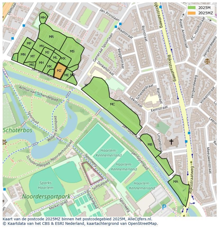 Afbeelding van het postcodegebied 2025 MZ op de kaart.