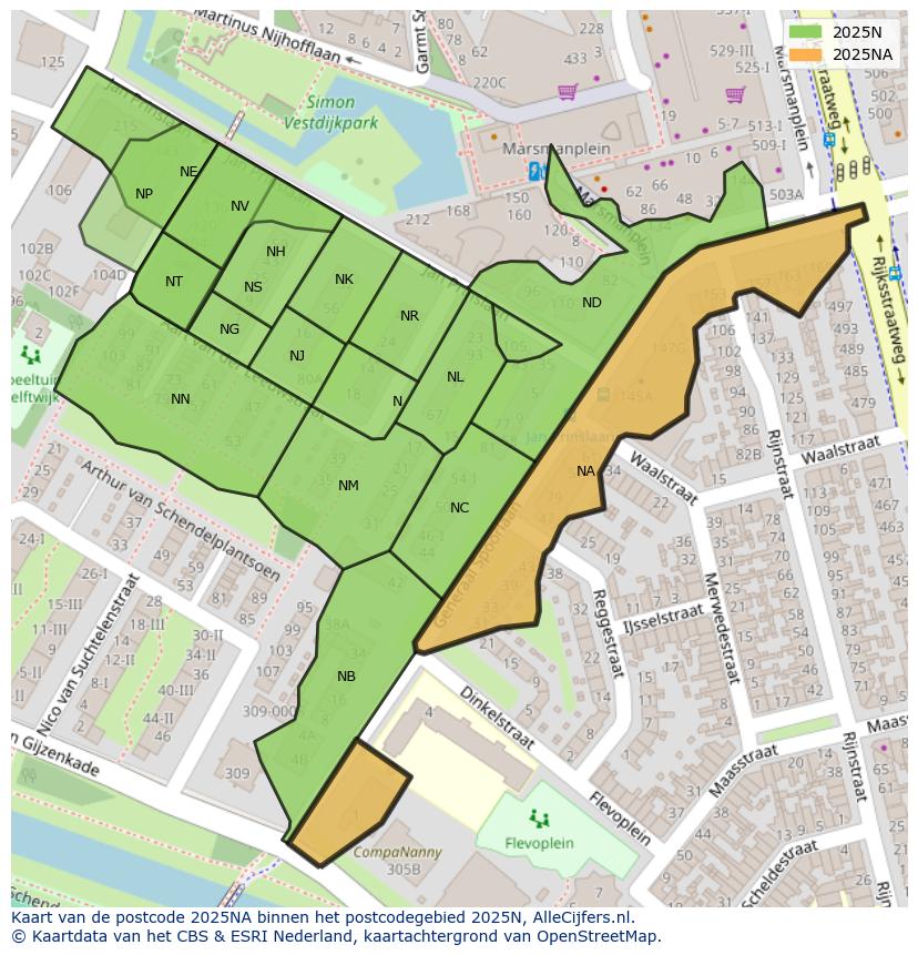 Afbeelding van het postcodegebied 2025 NA op de kaart.