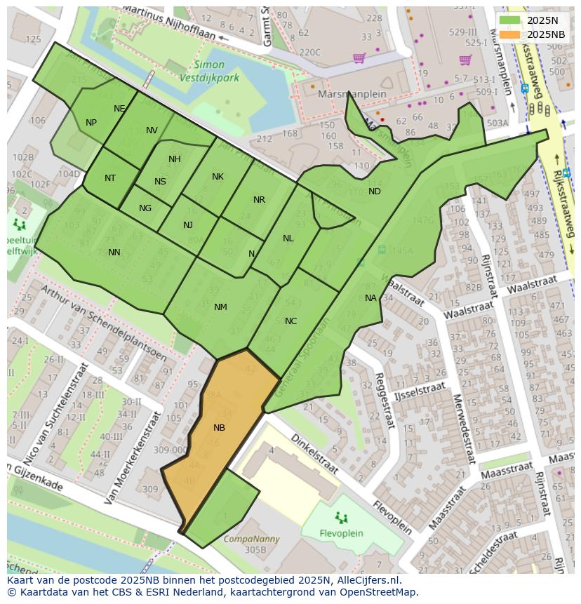 Afbeelding van het postcodegebied 2025 NB op de kaart.