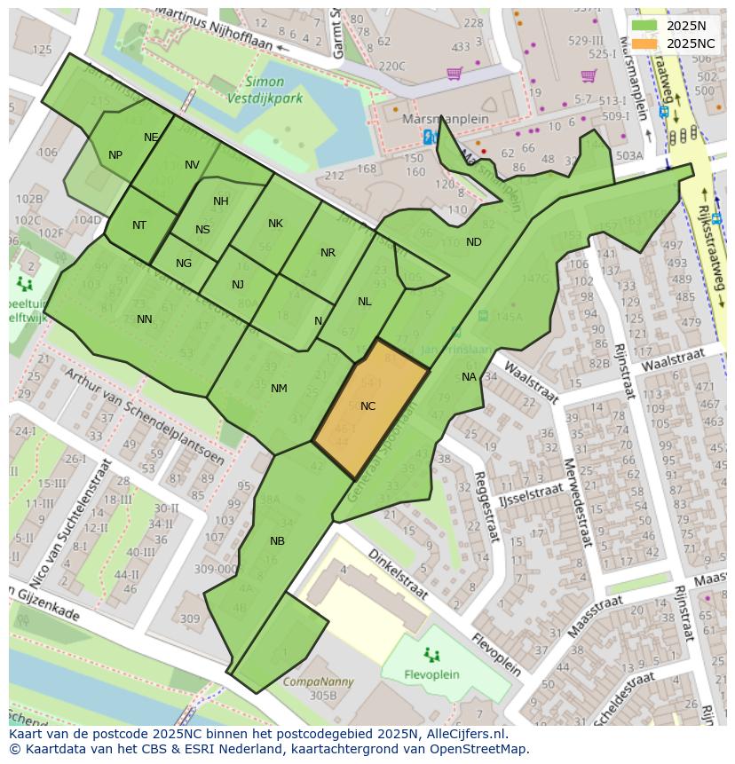 Afbeelding van het postcodegebied 2025 NC op de kaart.