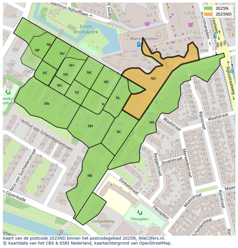 Afbeelding van het postcodegebied 2025 ND op de kaart.