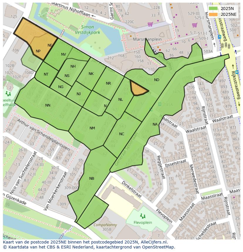Afbeelding van het postcodegebied 2025 NE op de kaart.