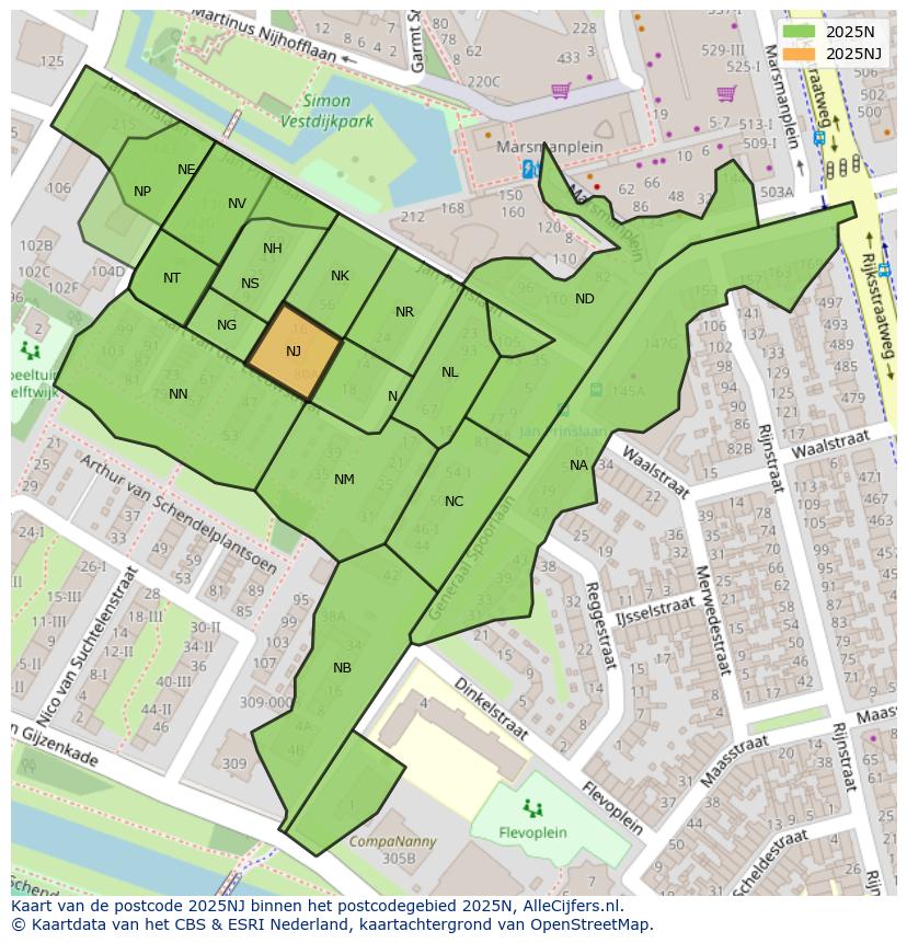 Afbeelding van het postcodegebied 2025 NJ op de kaart.