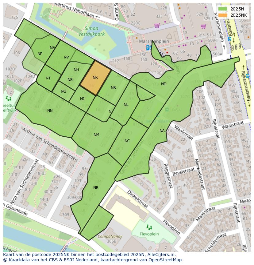 Afbeelding van het postcodegebied 2025 NK op de kaart.