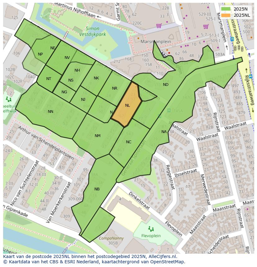 Afbeelding van het postcodegebied 2025 NL op de kaart.