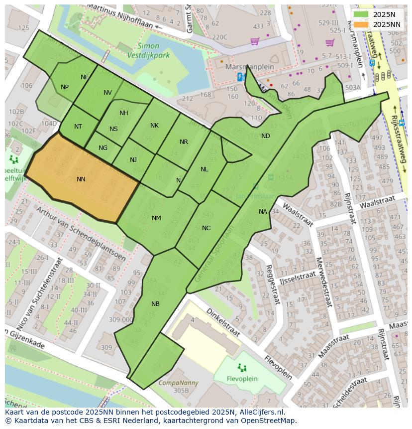 Afbeelding van het postcodegebied 2025 NN op de kaart.