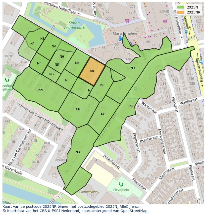 Afbeelding van het postcodegebied 2025 NR op de kaart.