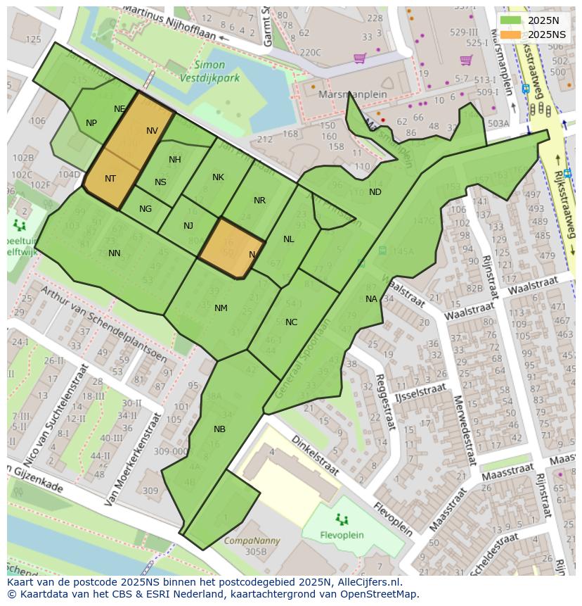 Afbeelding van het postcodegebied 2025 NS op de kaart.