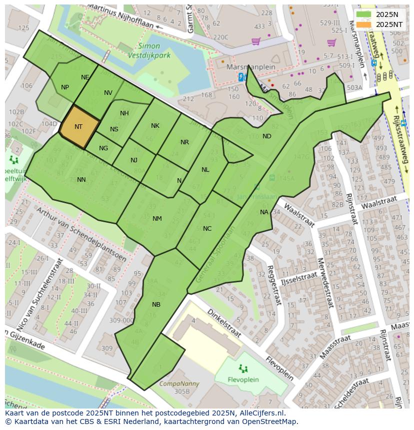 Afbeelding van het postcodegebied 2025 NT op de kaart.