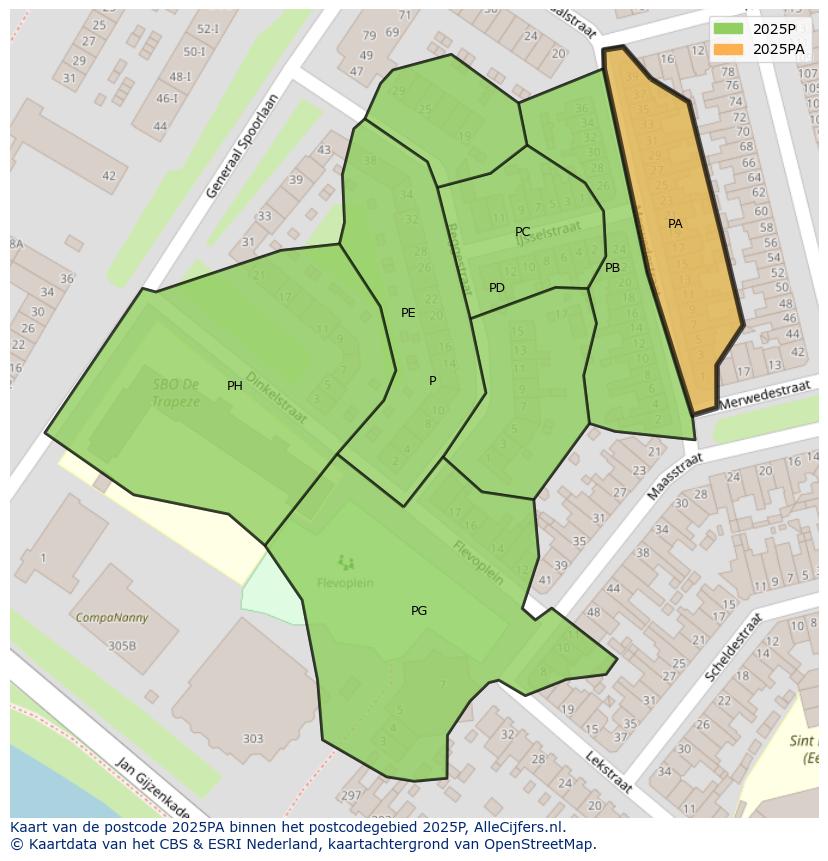 Afbeelding van het postcodegebied 2025 PA op de kaart.