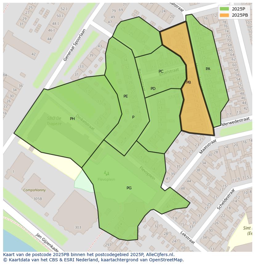 Afbeelding van het postcodegebied 2025 PB op de kaart.