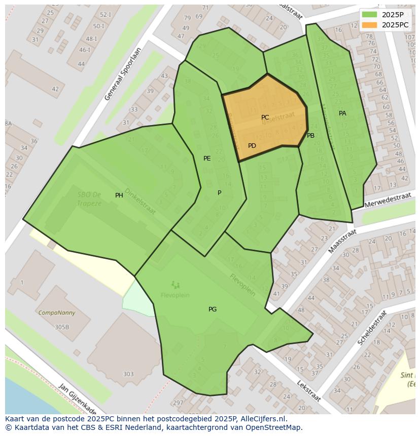 Afbeelding van het postcodegebied 2025 PC op de kaart.