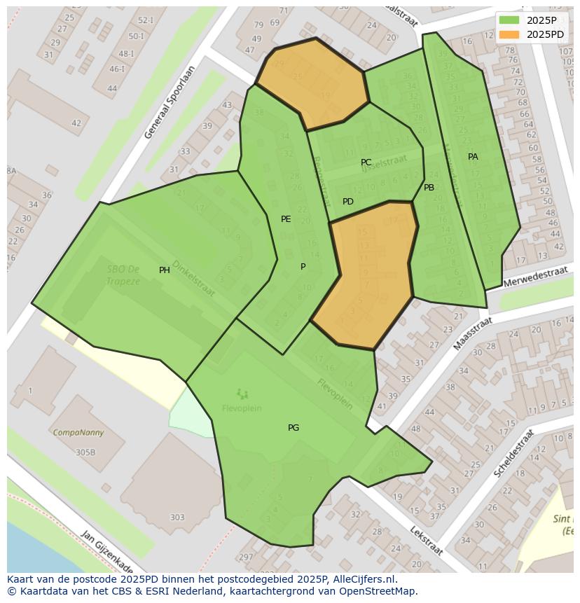 Afbeelding van het postcodegebied 2025 PD op de kaart.