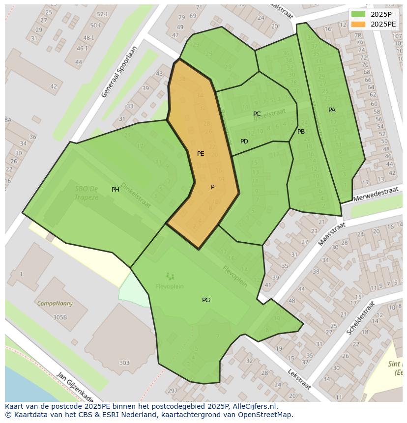 Afbeelding van het postcodegebied 2025 PE op de kaart.