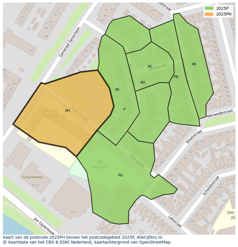 Afbeelding van het postcodegebied 2025 PH op de kaart.