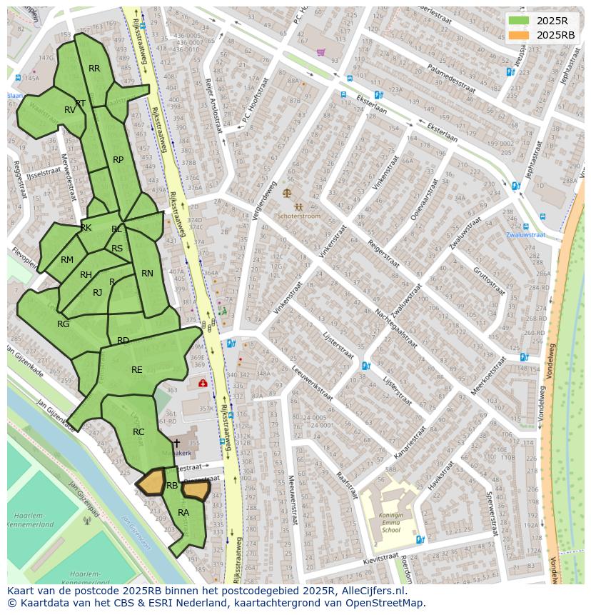 Afbeelding van het postcodegebied 2025 RB op de kaart.